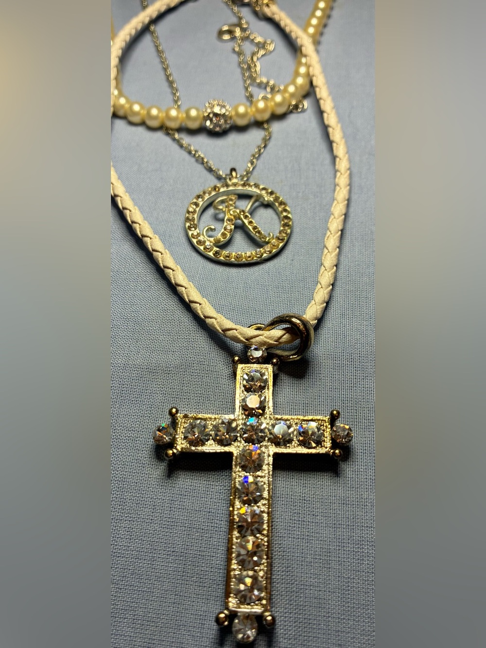 3 necklaces Gold Crystal Cross Pendant Necklace with Cream Braided Cord